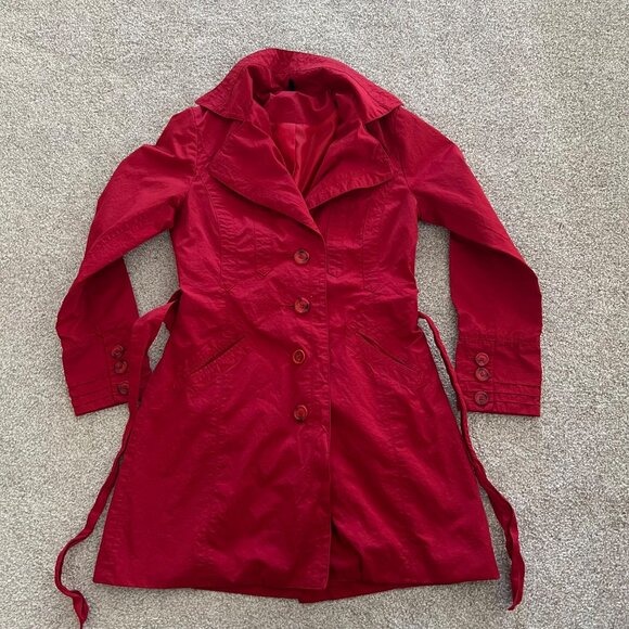 Ambition Y2K Chic Vibrant Red Cotton Blend Belted Red Minimalist Coat Small - Picture 8 of 13